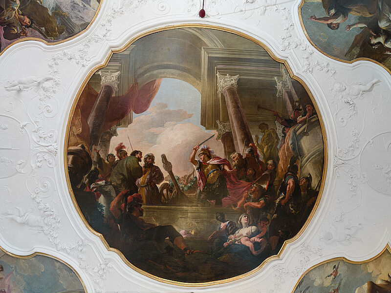 © Residenz zu Salzburg, Prunkräume, Foto: Stürzenbaum Deckengemälde Mittelbild - Alexander durchtrennt den Gordischen Knoten