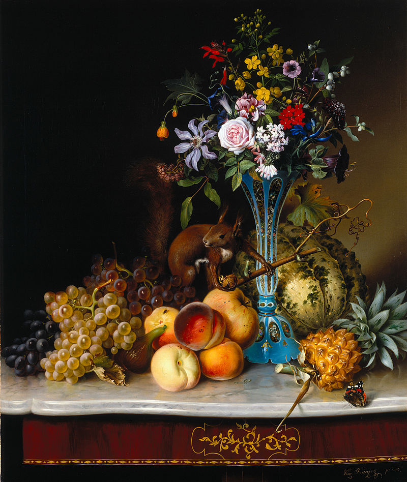 Floral Still Life with Squirrel and Fruits