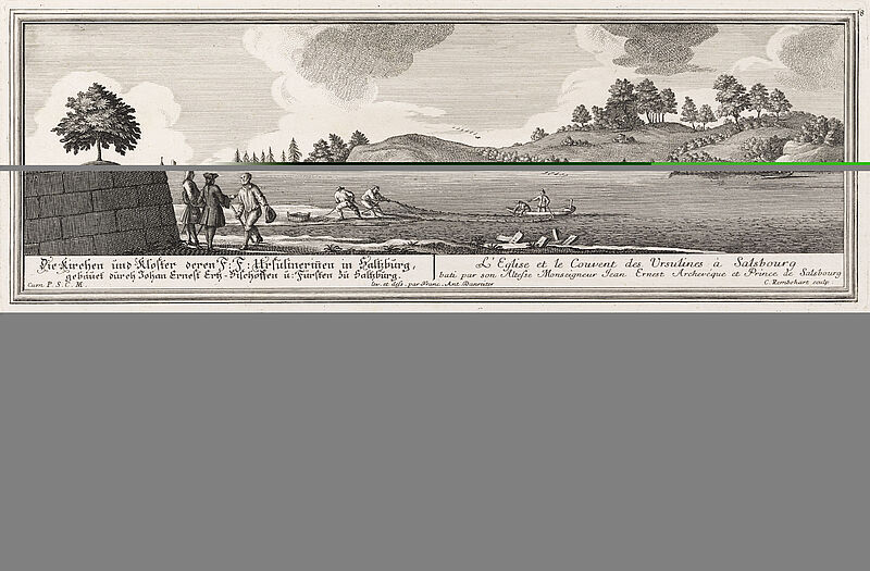 © Residenzgalerie Salzburg, Illustration Fotostudio Ulrich Ghezzi, Oberalm Die Kirchen und Kloster deren Ursulinerinen in Saltzburg, gebaut durch Johan Ernest Ertz-Bischoffen u: Fürsten zu Saltzburg.
L`Eglise et le Couvent des Ursulines à Salsbourg bati par son Altesse Monseigneur Jean Ernest Archevéque et Prince de Salsbourg