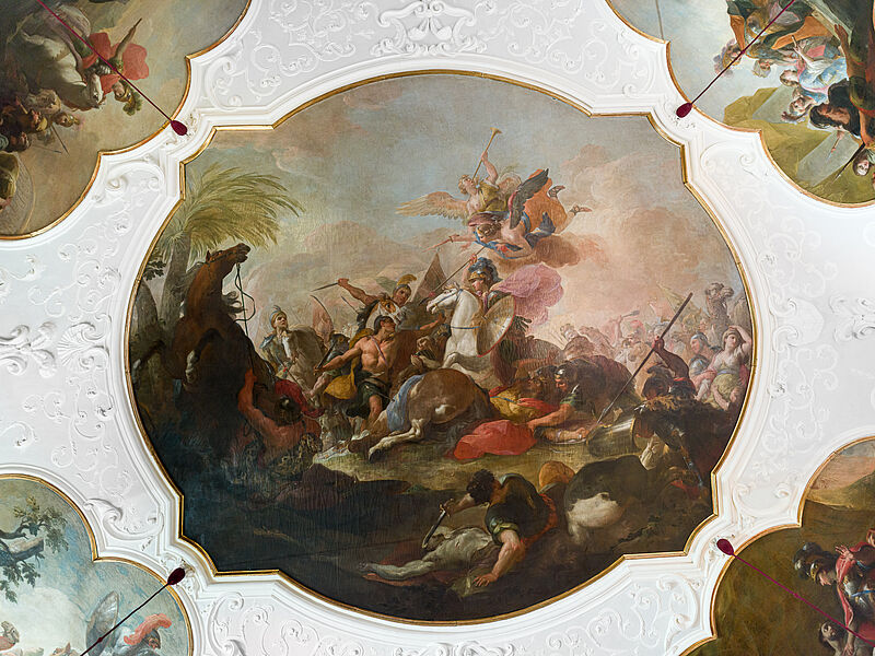 © Residenz zu Salzburg, Prunkräume, Foto: Stürzenbaum Deckengemälde Mittelbild - Alexander rettet seinem Vater Philipp beim Überfall der Triballer das Leben