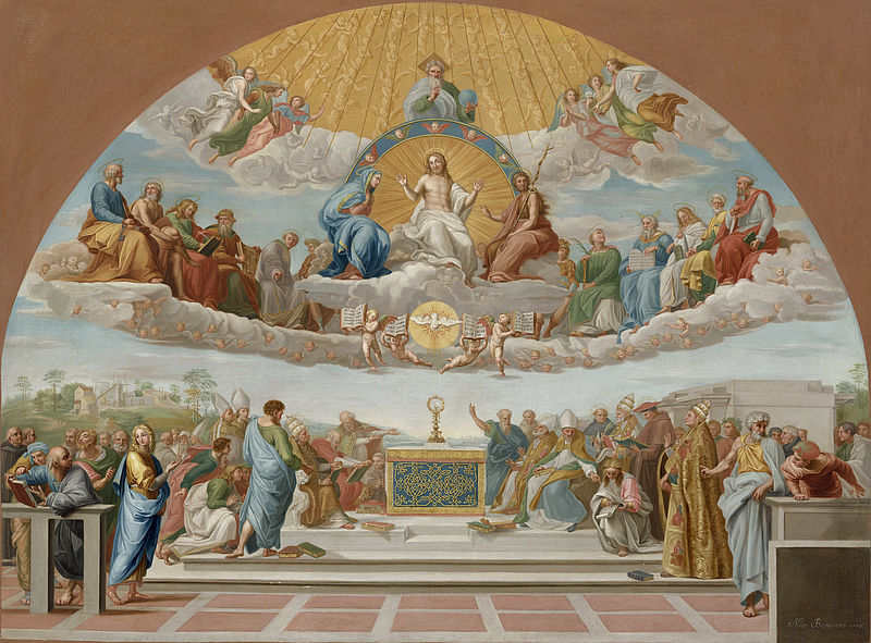 Disputation of the Sacrament, Painting after Raphael (1483 – 1520), Stanza della Segnatura, from 1509, Fresco, Vatican Palace, Rome