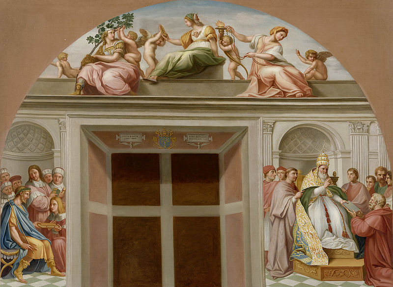Lunette: Virtues: Fortitude (Fortitudo), Prudence (Prudentia), Temperance (Temperantia), bottom left: Handing over of the Pendects (Corpus iuris civilis) to Emperor Justinian, bottom right: Handing of the Decretals (Corpus iuris canonici) to Pope Gregory IX., Painting after Raphael (1483 – 1520), Stanza della Segnatura, from 1509, Fresco, Vatican Palace, Rome