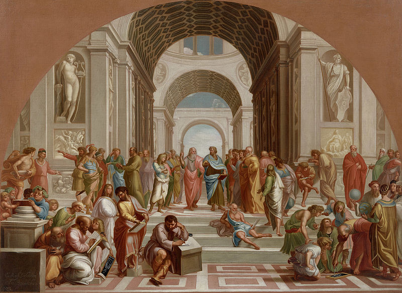 School of Athens, Painting after Raphael (1483 – 1520), Stanza della Segnatura, from 1509, Fresco, Vatican Palace, Rome