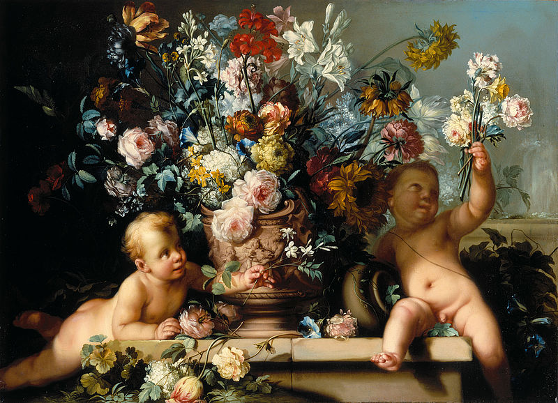 Flowers in a vase with two putti
