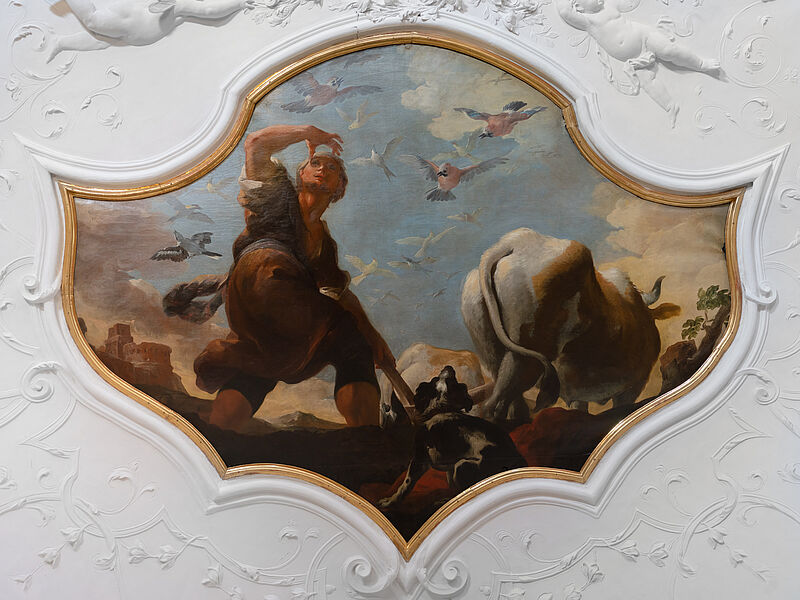 © Residenz zu Salzburg, Prunkräume, Foto: Stürzenbaum Deckengemälde - Gordios empfängt das Vogelwunder