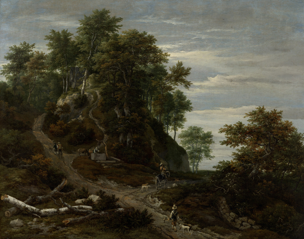 Jacob Isaacksz. van Ruisdael (um 1628/1629 – 1682), Hilly and wooded Landscape with Falconer and Horseman, mid 1650s © RGS/Ghezzi