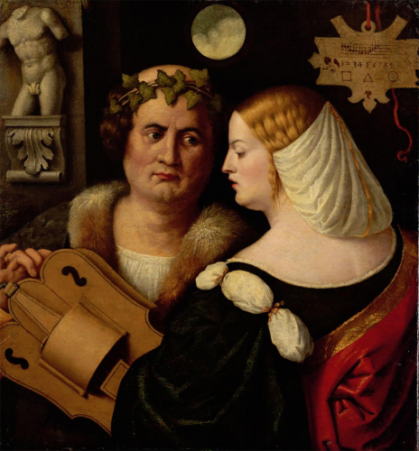 Domenico di Bernardino Capriolo, Drehleierspielender Dichter und junge Frau, um 1520 © KHM-Museumsverband